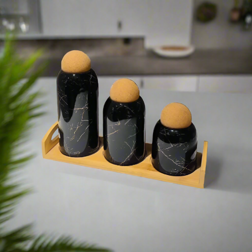 Ceramic 3-Piece Jar Set Black With Bamboo Stand