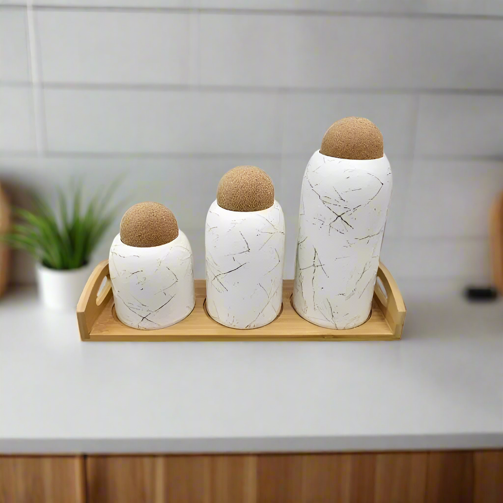 Ceramic 3-Piece Jar Set White With Bamboo Stand