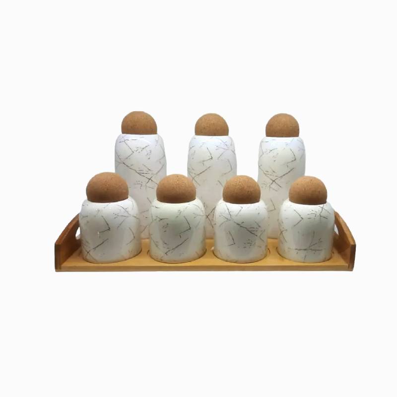 Ceramic 7 PCs Jar Set White with Bamboo Stand