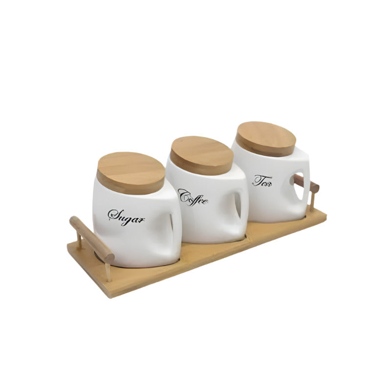 Ceramic Handle Jar With Wooden Tray White