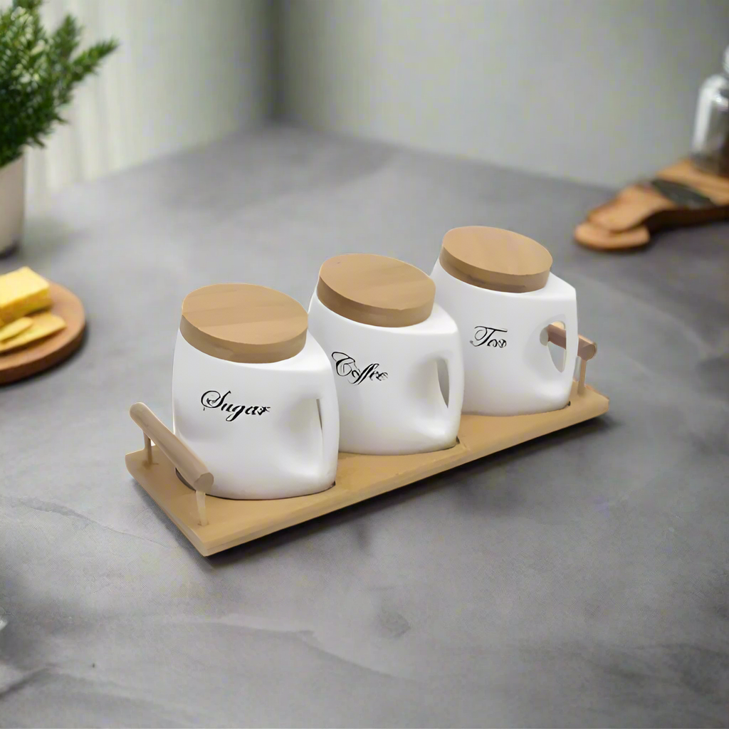 Ceramic Handle Jar With Wooden Tray White