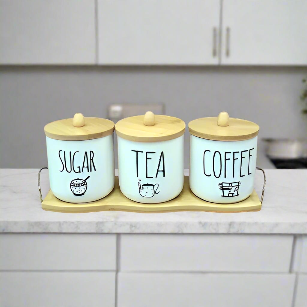 Ceramic Jar Set of 3pcs With Wooden Lid Tray