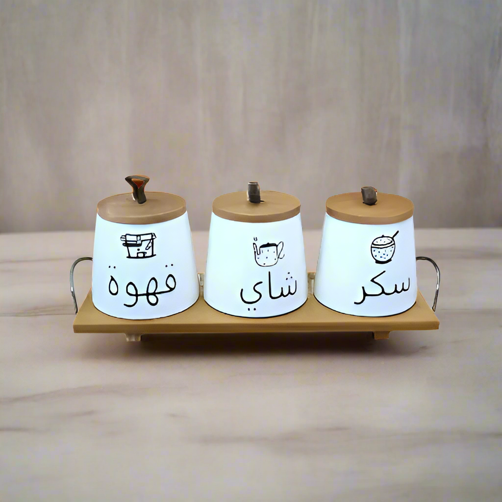 Ceramic Jar Set of 3pcs With Wooden Lid Tray