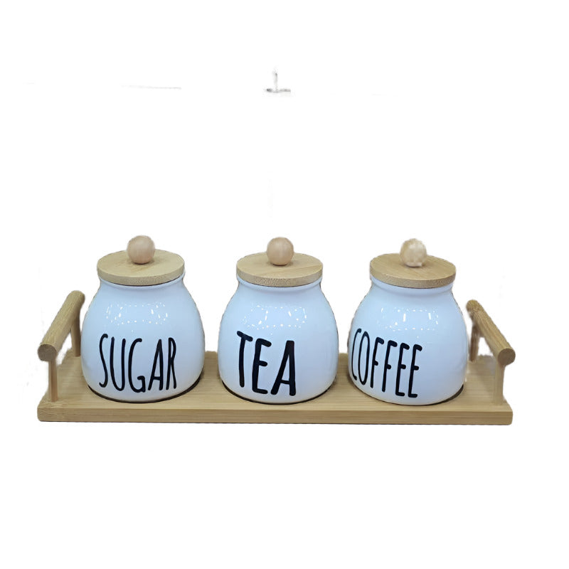 Ceramic Jar With Wooden Tray White Set of 3