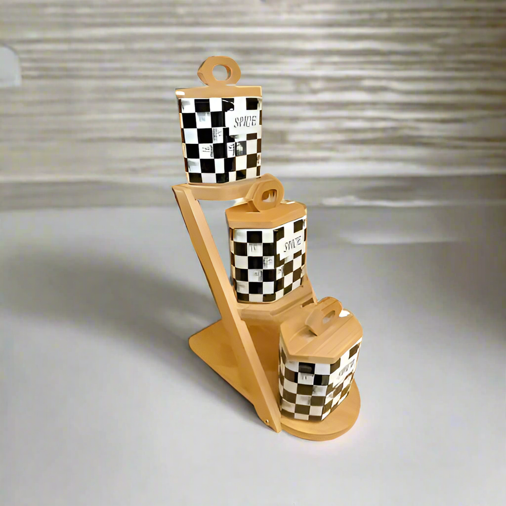 Checkered Chess Ladder Porcelain Spice Set With Stand Wooden