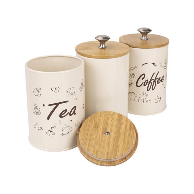 Metal Food Storage Tin Canister With Bamboo Lid (Set of 3)