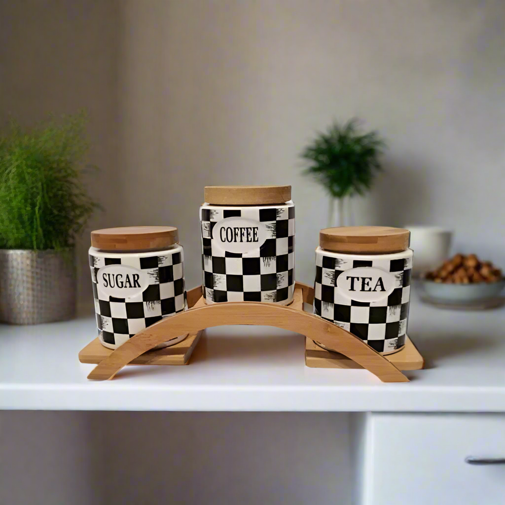 Ceramic Vintage Tea Coffee Sugar 3 Canisters Set with Stand Tray