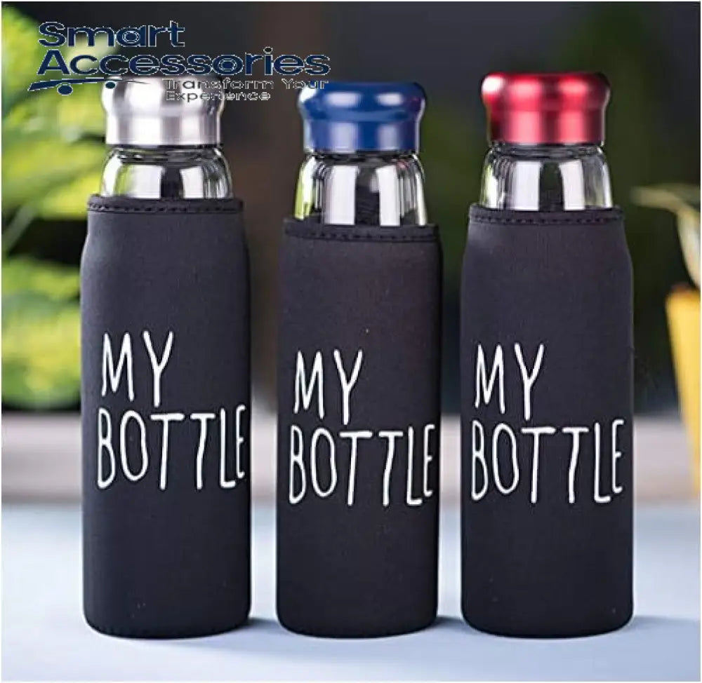 Glass Water Bottle With Aluminum Cap & My Bottle Black Pouch, 750ml Capacity