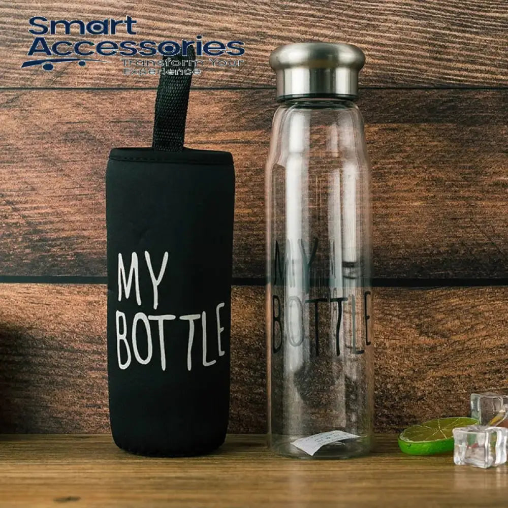 Glass Water Bottle With Aluminum Cap & My Bottle Black Pouch, 750ml Capacity
