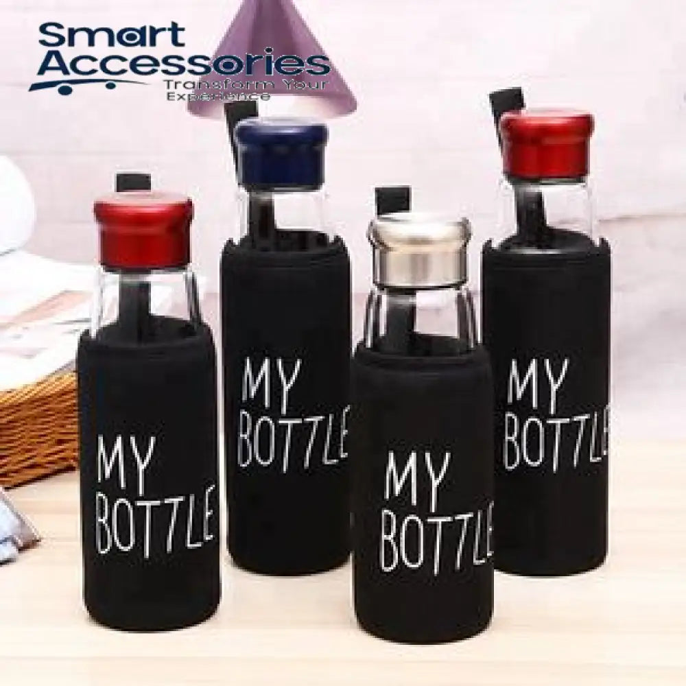 Glass Water Bottle With Aluminum Cap & My Bottle Black Pouch, 750ml Capacity