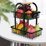 2 Tier Iron Fruit Basket With Wooden Handle, Kitchen Countertop Storage Rack, Wrought Iron Detachable Storage Holder
