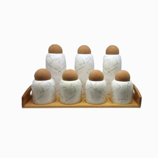 Ceramic 7 PCs Jar Set White with Bamboo Stand