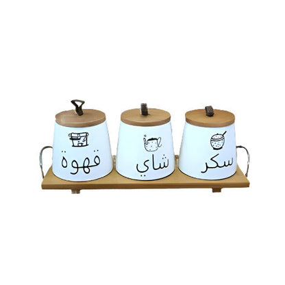 Ceramic Jar  Set of 3pcs With Wooden Lid Tray