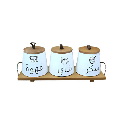 Ceramic Jar  Set of 3pcs With Wooden Lid Tray