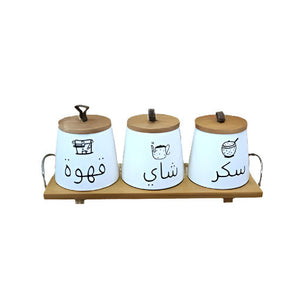 Ceramic Jar  Set of 3pcs With Wooden Lid Tray