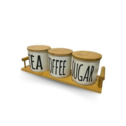 Ceramic Jar set with Airtight Wooden lids & Tray Set of 3