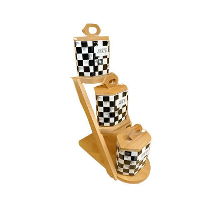 Checkered Chess Ladder Porcelain Spice Set With Stand Wooden