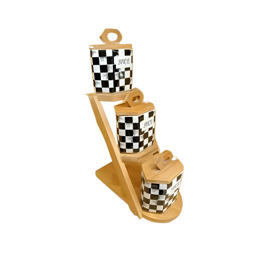 Checkered Chess Ladder Porcelain Spice Set With Stand Wooden