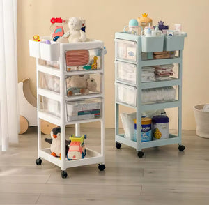 4 Layer Movable Living Room Trolley, Multi Purpose Storage Cart with Wheels, Portable Mobile Display Shelf