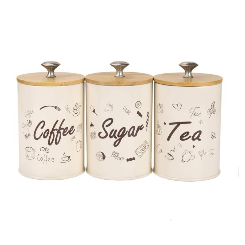 Metal Food Storage Tin Canister With Bamboo Lid (Set of 3)