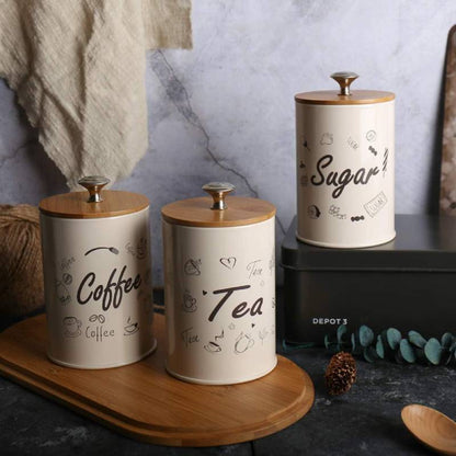 Metal Food Storage Tin Canister With Bamboo Lid (Set of 3)