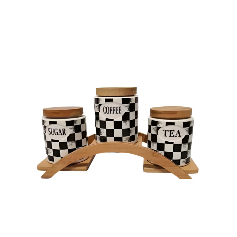 Ceramic Vintage Tea Coffee Sugar 3 Canisters Set with Stand Tray