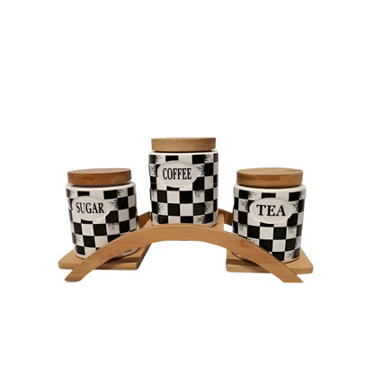 Ceramic Vintage Tea Coffee Sugar 3 Canisters Set with Stand Tray