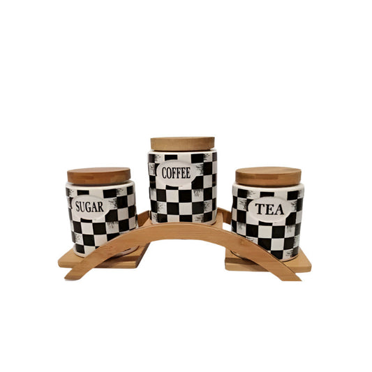 Ceramic Vintage Tea Coffee Sugar 3 Canisters Set with Stand Tray