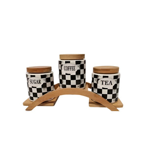 Ceramic Vintage Tea Coffee Sugar 3 Canisters Set with Stand Tray