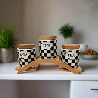 Ceramic Vintage Tea Coffee Sugar 3 Canisters Set with Stand Tray