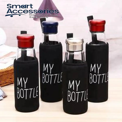 Glass Water Bottle With Aluminum Cap & My Bottle Black Pouch, 750ml Capacity