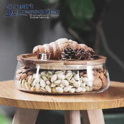 TRANSPARENT GLASS STORAGE CANISTER WITH WOODEN LID