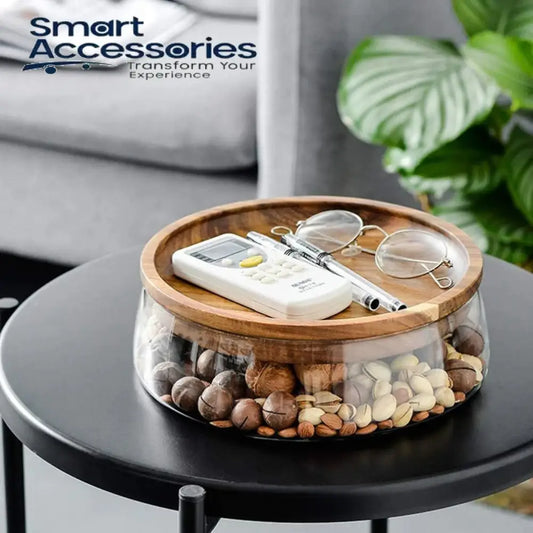 TRANSPARENT GLASS STORAGE CANISTER WITH WOODEN LID